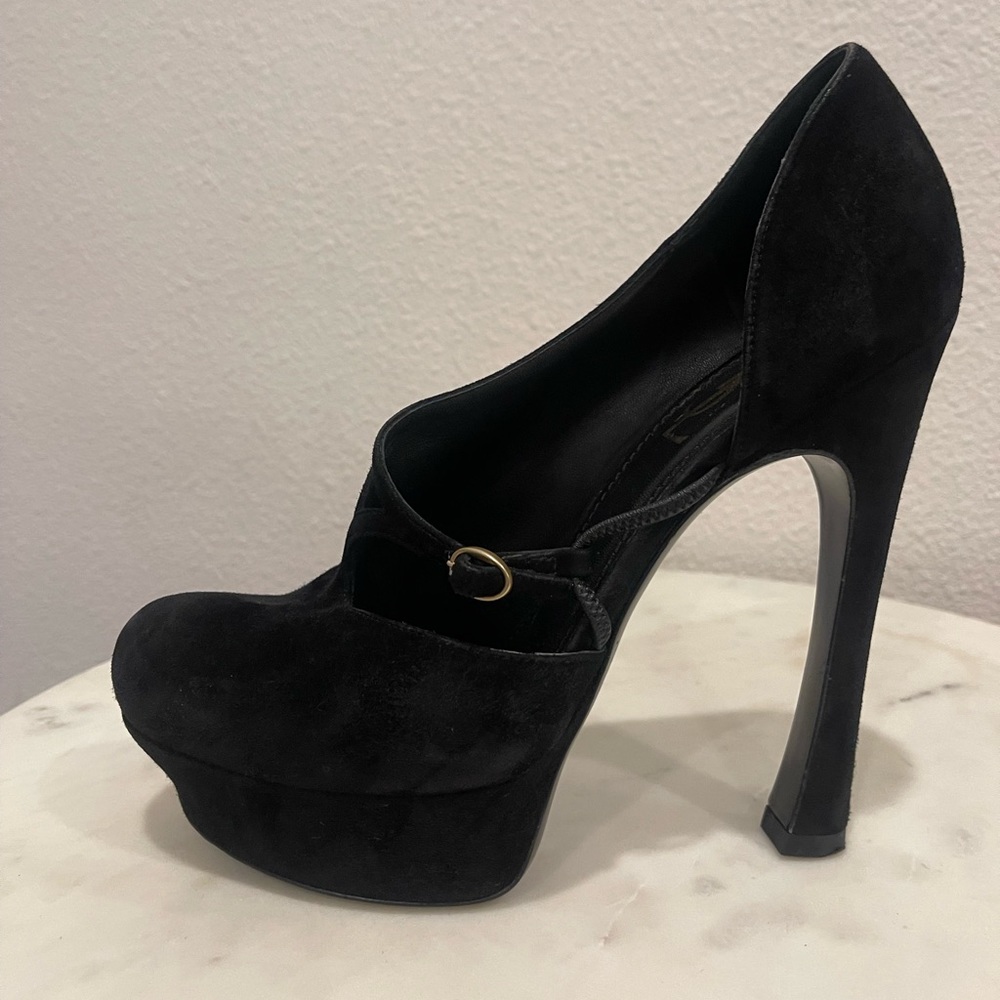 YSL Saint Laurent Black Suede Buckle Cut-Out Maryjane Platform Pumps